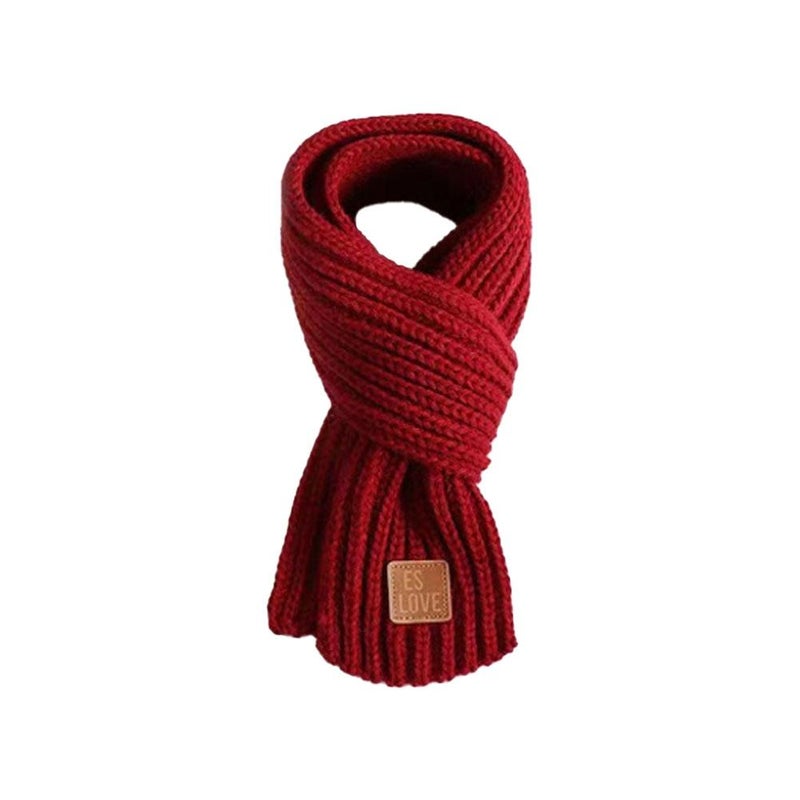 Winter warm and thick Korean style knitted scarf for boys and girls, windproof, solid color leather label neck warmer